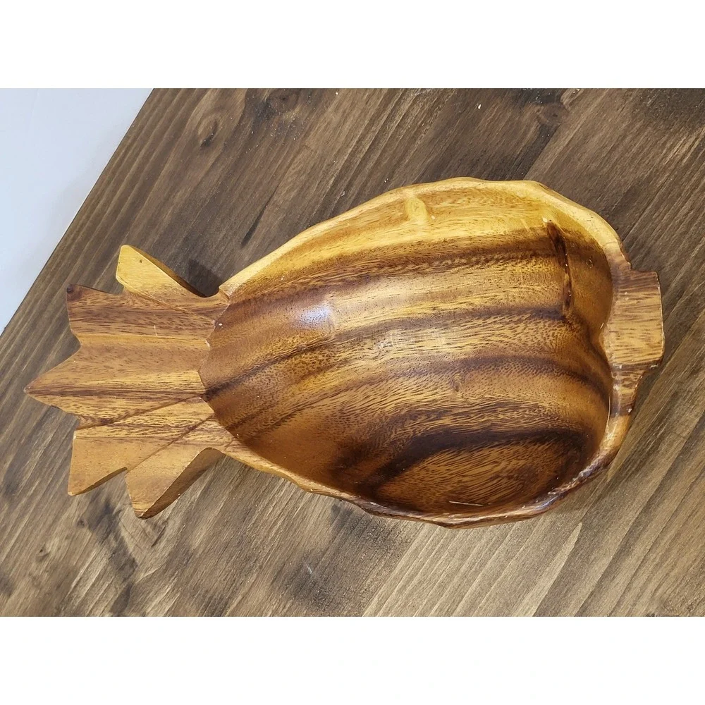 Vintage Monkey Pod Wood Pineapple Bowl Hand Carved Philippines Tiki Decor 10in